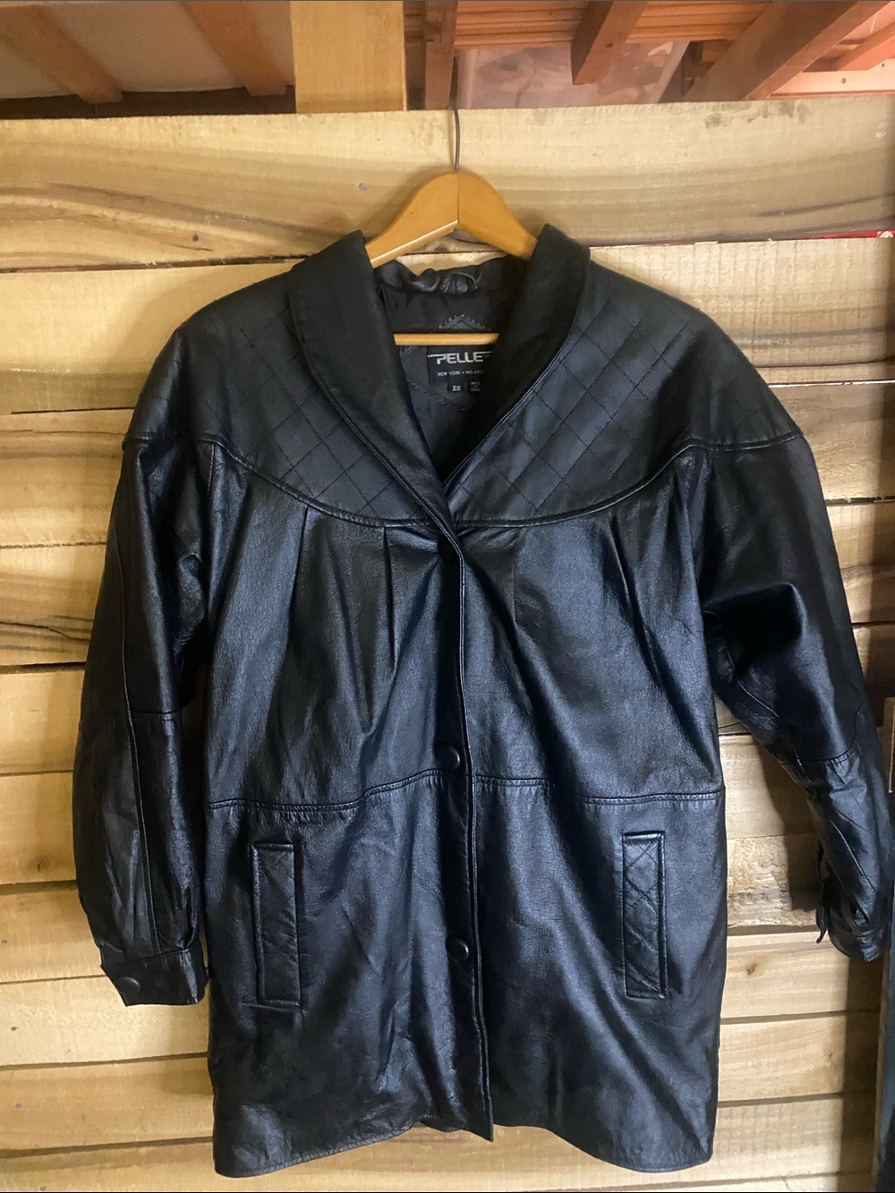 Pelle Black Quilted-Trim Leather Jacket snap up size XS